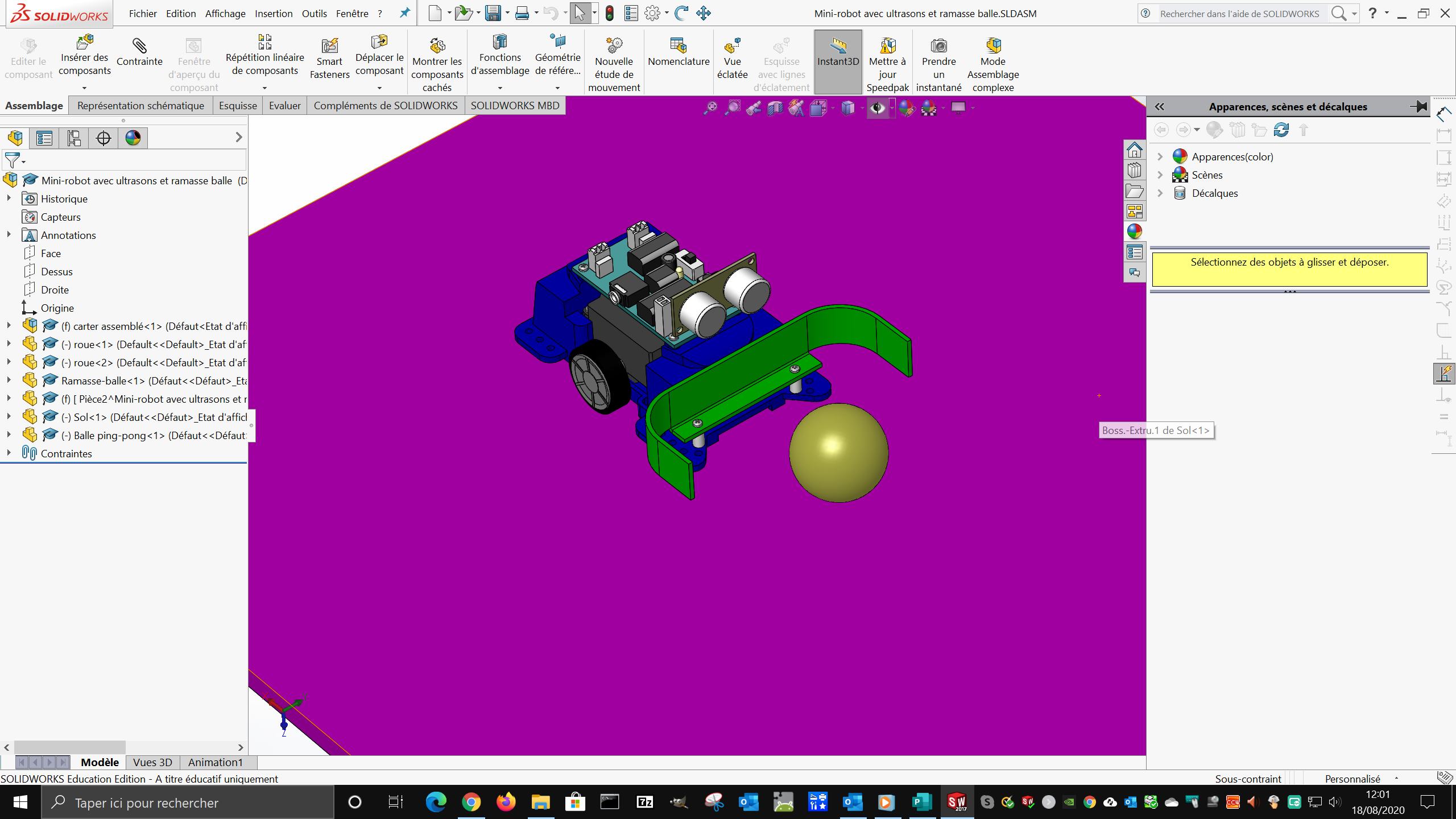 Minirobot avec ramasse-balle - vue d'ensemble dans SolidWorks